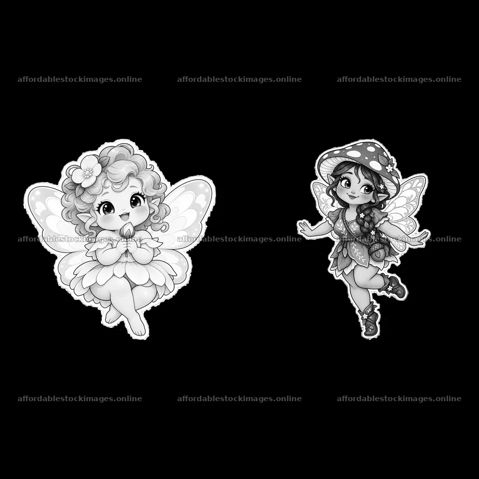 Kawaii chubby fairies with wings and playful poses – stock images 7746x7746
