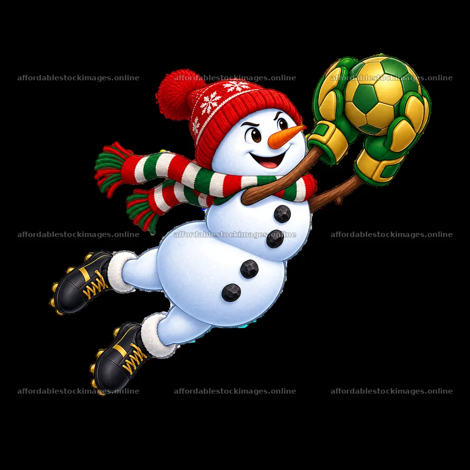 Snowman goalkeeper catching a soccer ball in Christmas colors – stock images 7746x7746