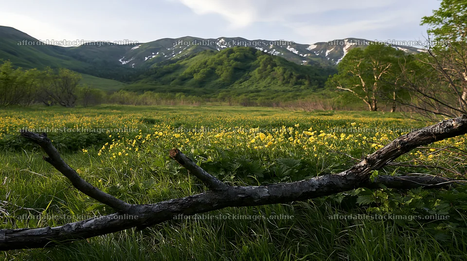 Yamagata rewilded meadow with fallen branch in the foreground – stock images 10608x5938