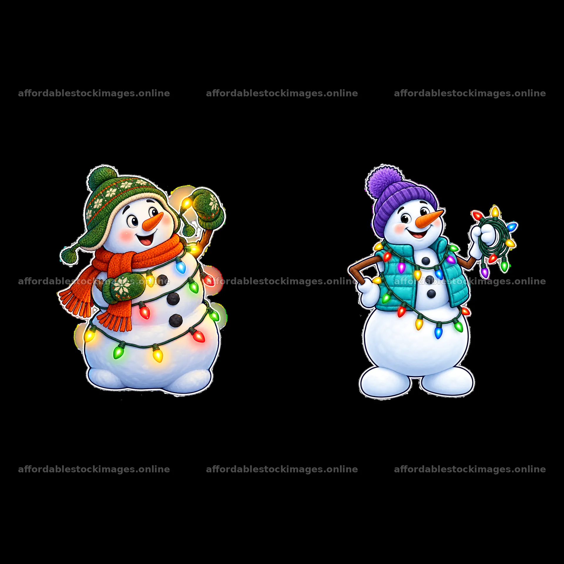 Snowman with string lights and winter accessories in a pair – stock images 7746x7746