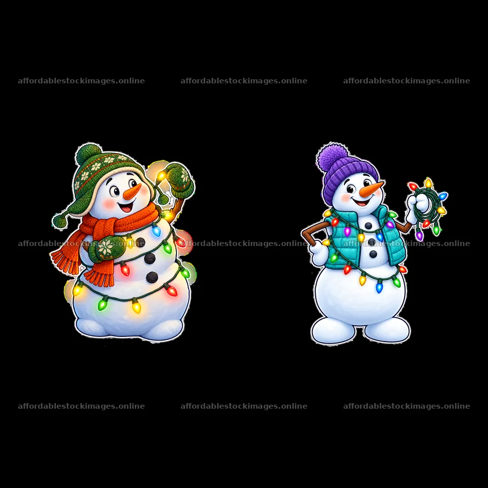 Snowman with string lights and winter accessories in a pair – stock images 7746x7746