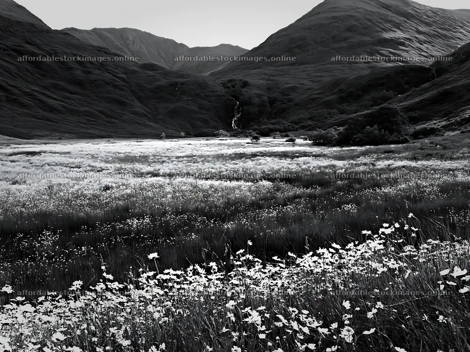 Wildflower meadow below waterfall in black and white – stock images 9174x6866