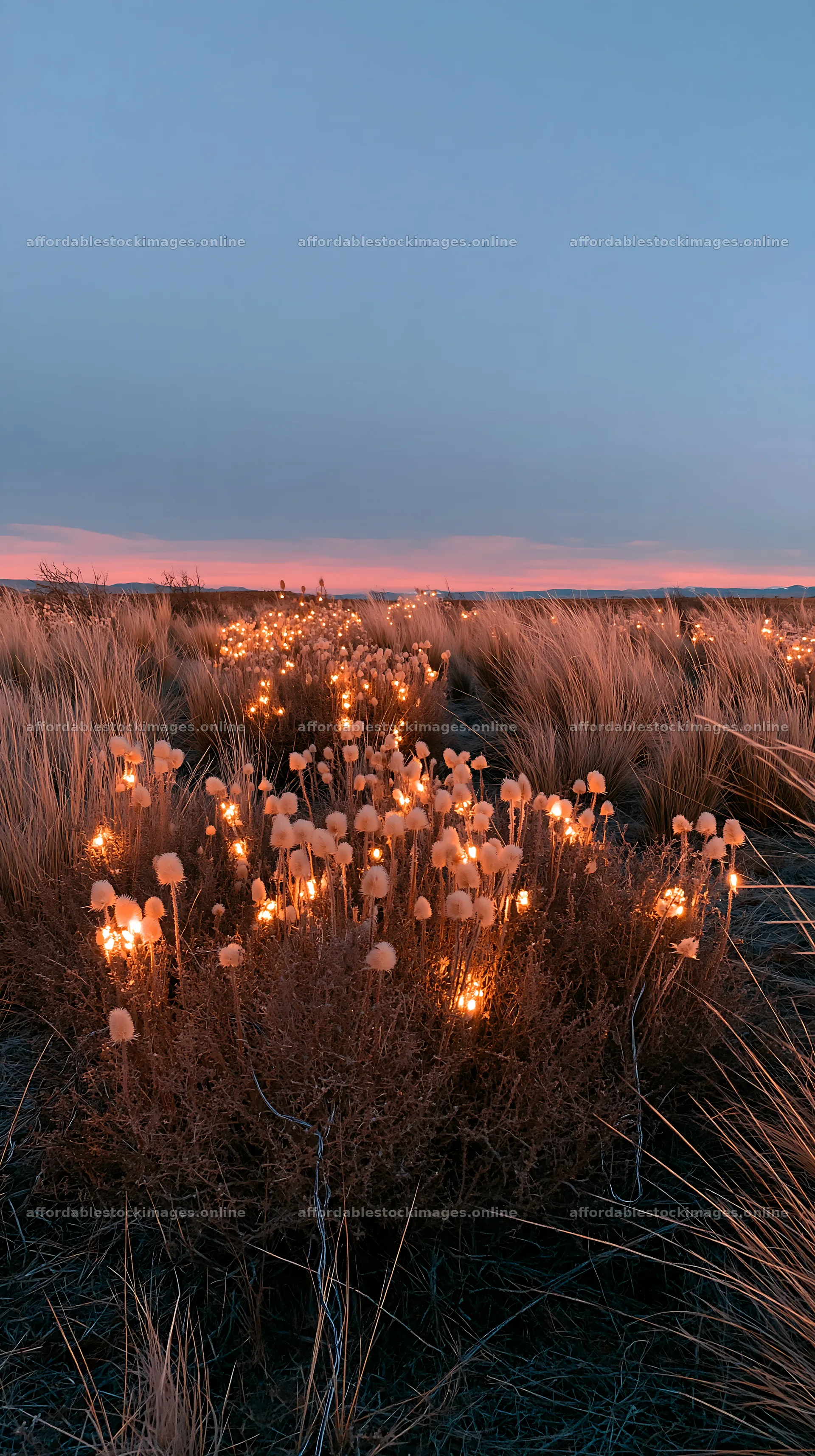 Vast Christmas meadow with frost seedheads and lanterns – stock images 5938x10608