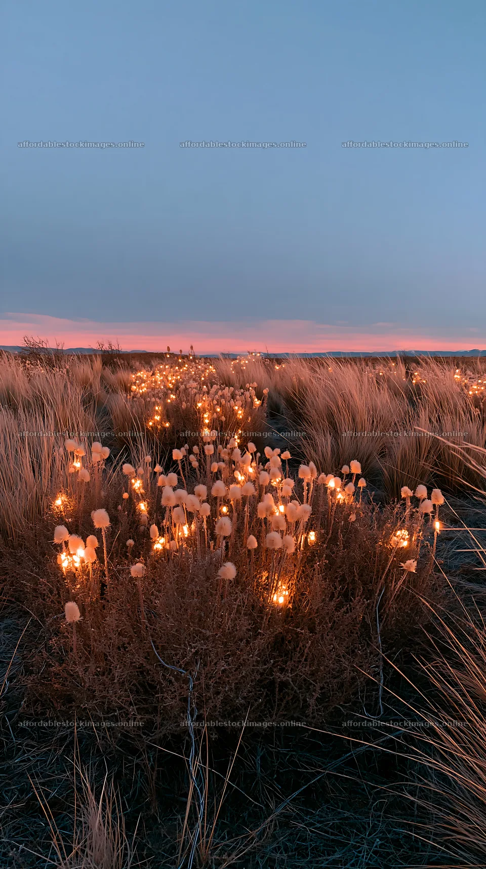 Vast Christmas meadow with frost seedheads and lanterns – stock images 5938x10608