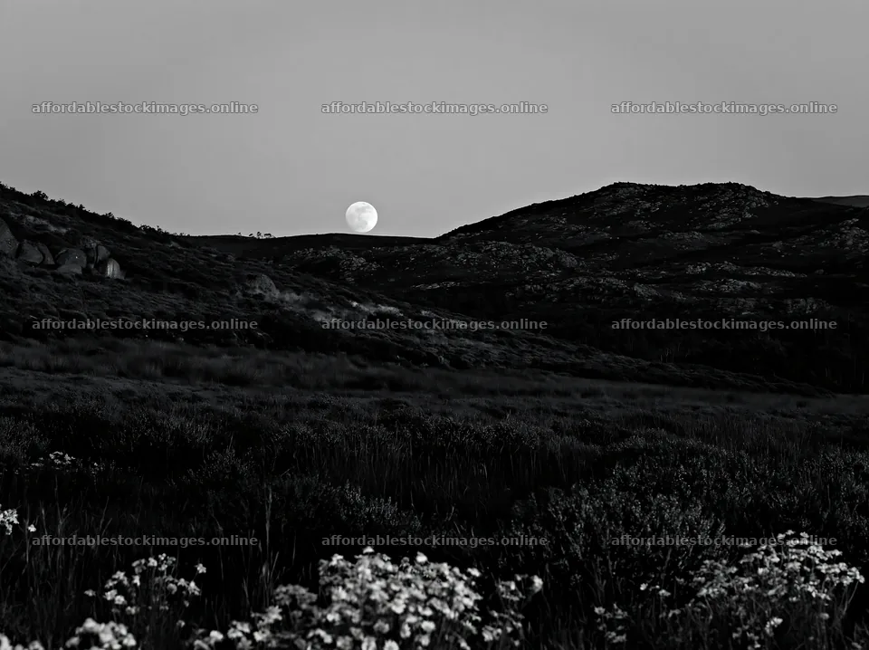 Moonrise over meadow with hills in background – stock images 9174x6866