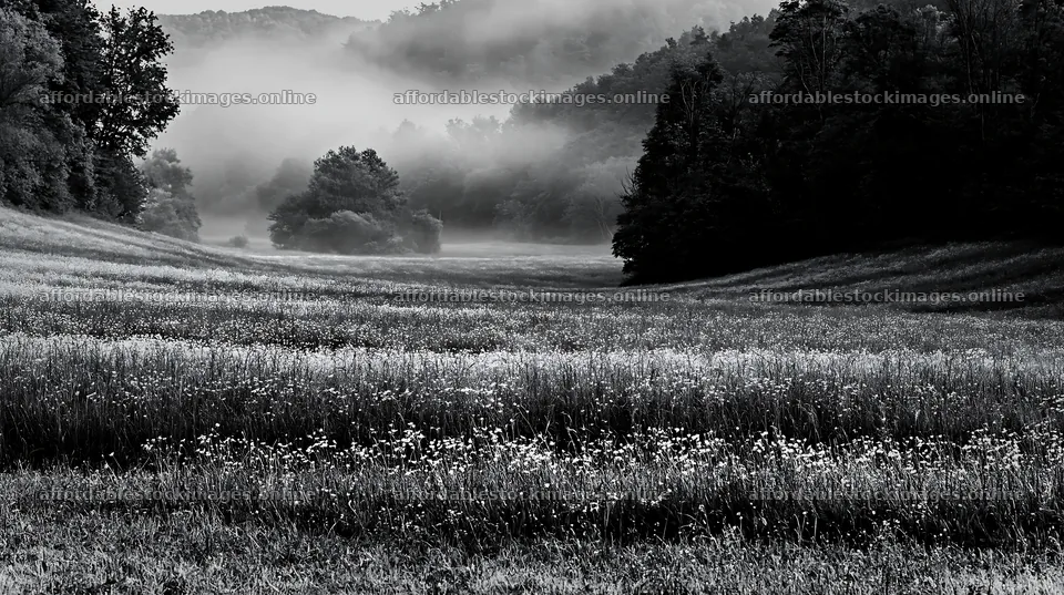 Hungarian meadow along wooded valley with mist and greenery – stock images 10608x5938