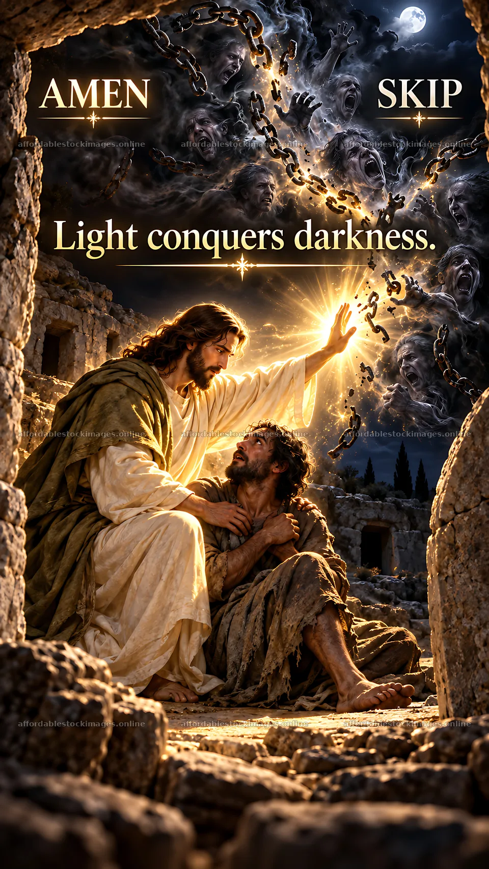 Jesus Christ comforts a suffering man in a dark setting – stock images 5954x10580