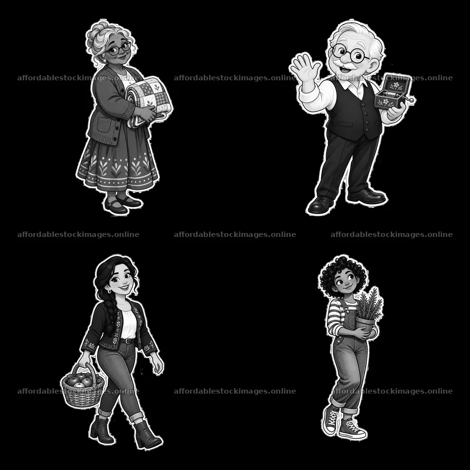 Family gathering with characters sharing gifts and food – stock images 7746x7746