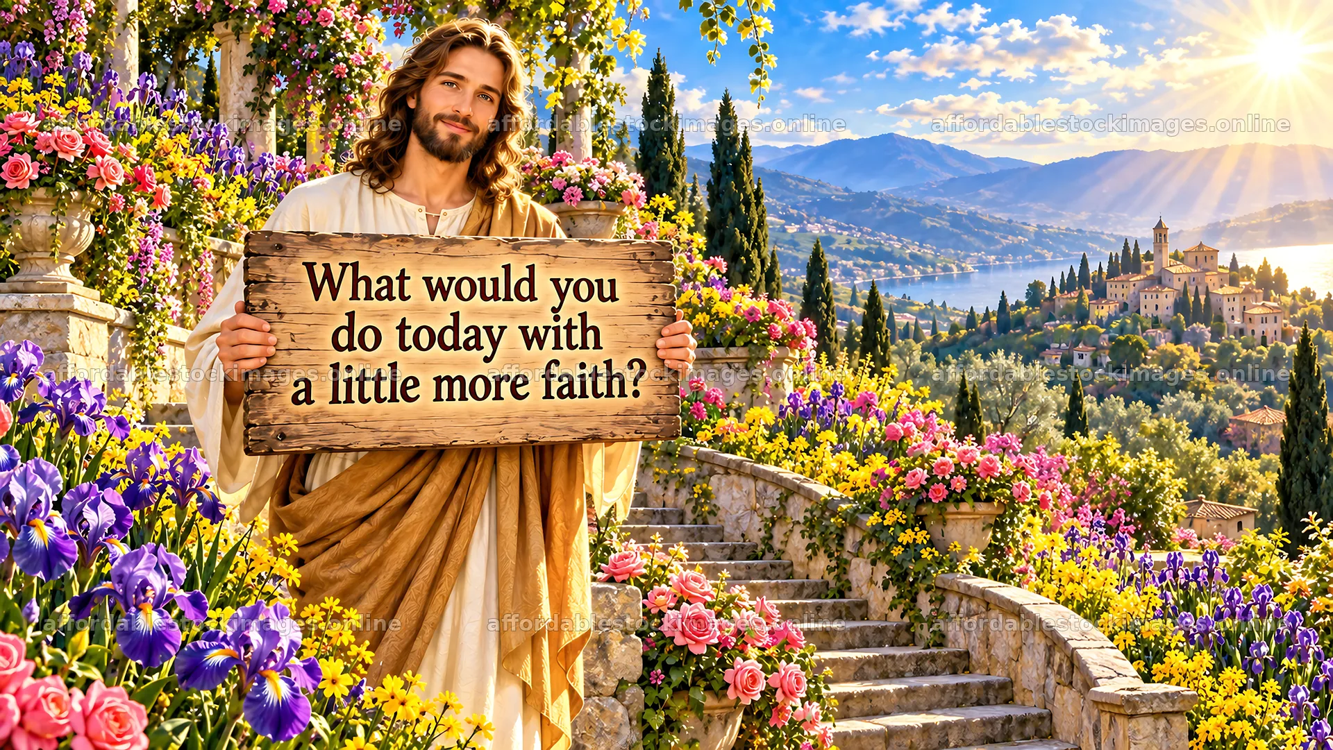 Jesus Christ holding a message about faith in a garden – stock images 10324x5812