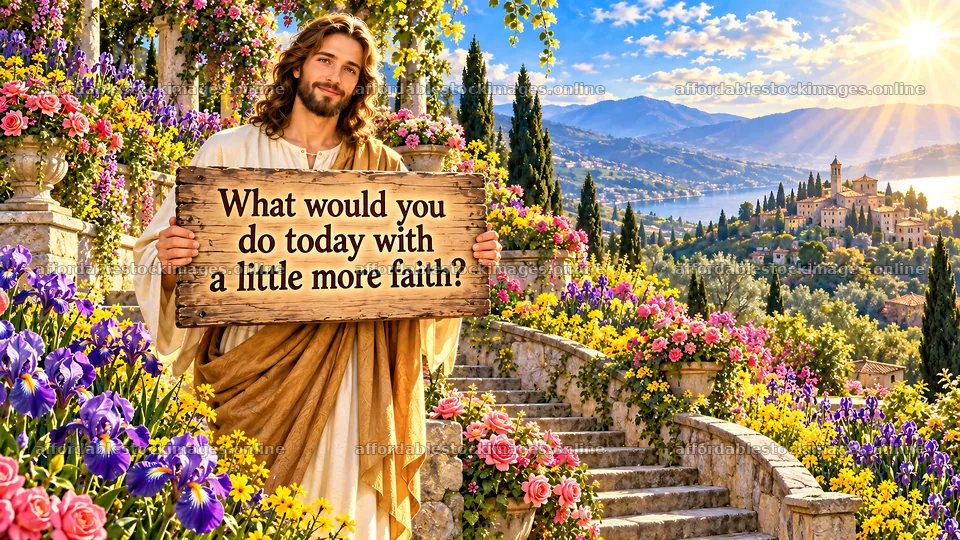 Jesus Christ holding a message about faith in a garden – stock images 10324x5812