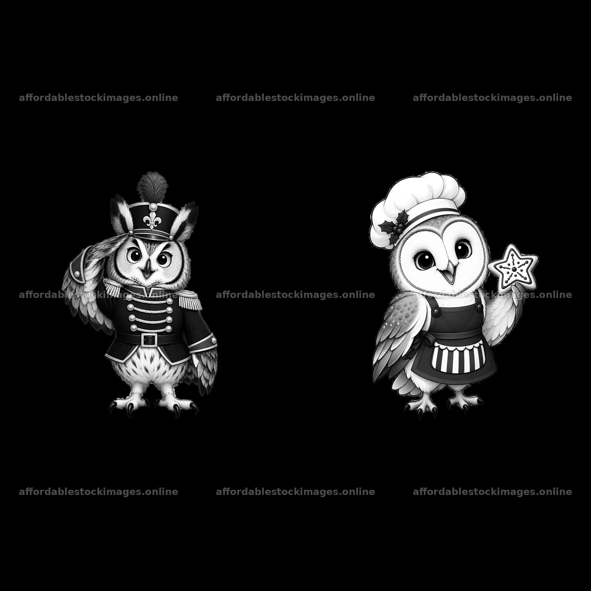Owl characters in uniform and chef outfit for Christmas – stock images 7746x7746
