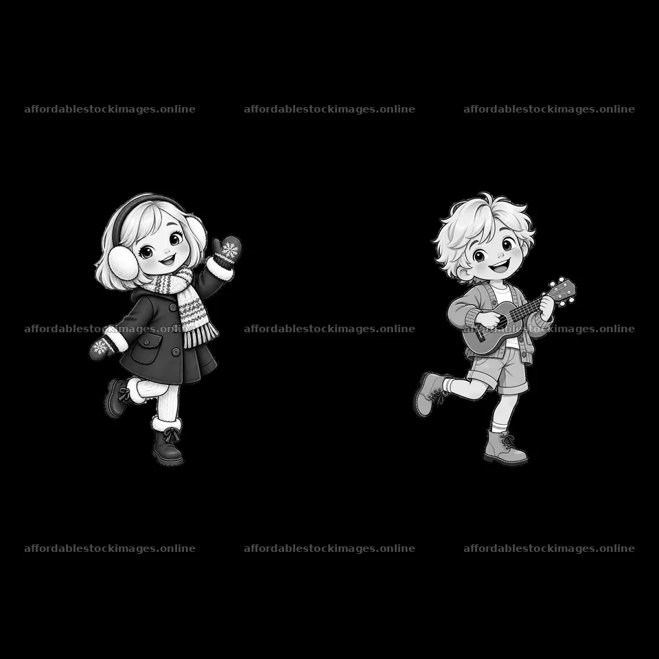Blond child with earmuffs waving and another playing guitar – stock images 7746x7746