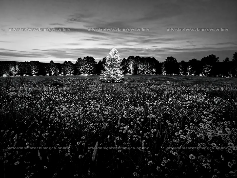 Vibrant Christmas tree at dusk in a meadow with flowers – stock images 9166x6874