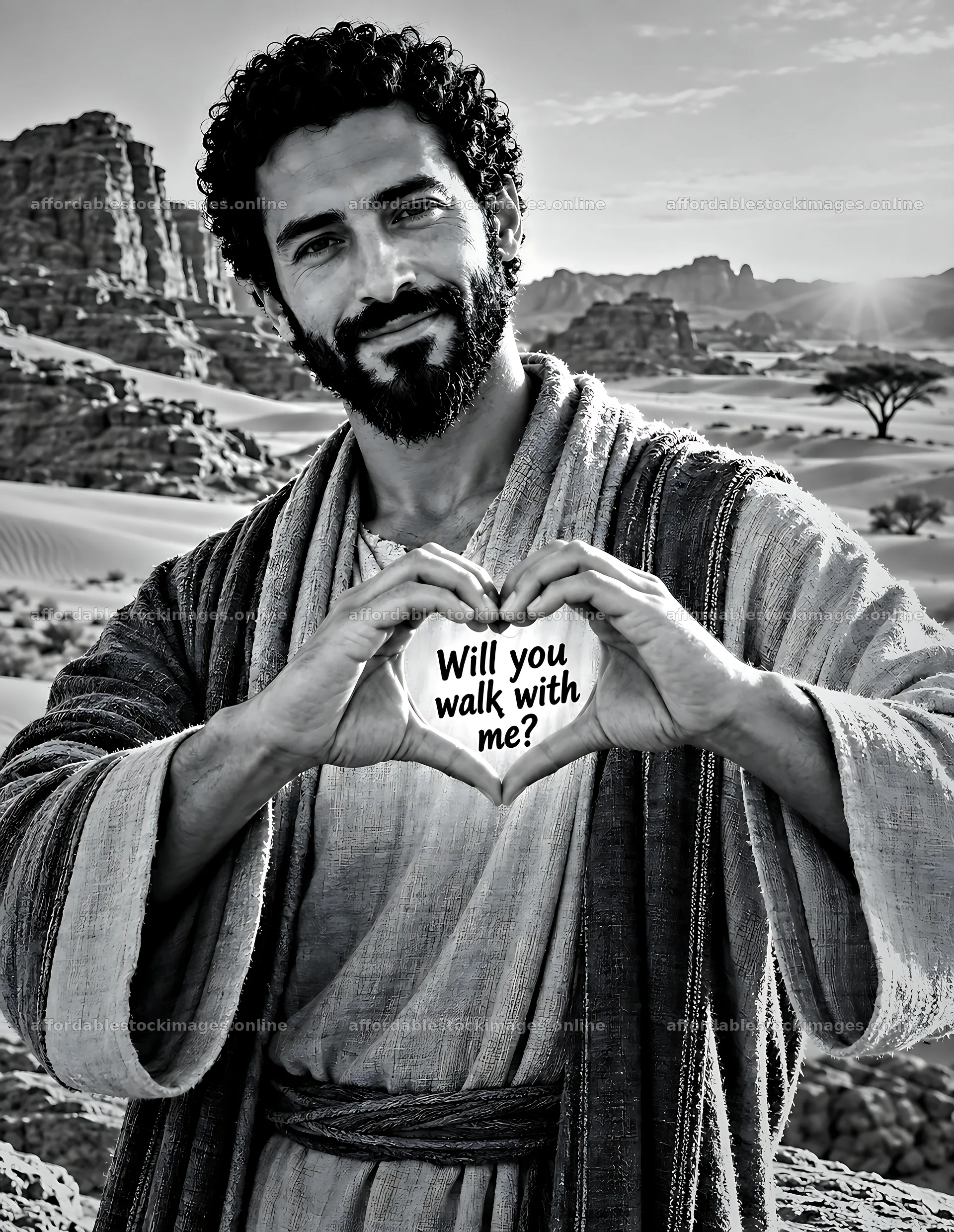 Man in desert holds heart with question at dawn – stock images 6986x9018