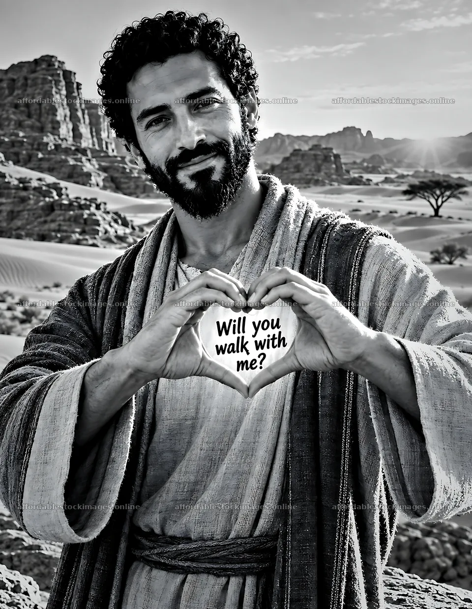 Man in desert holds heart with question at dawn – stock images 6986x9018