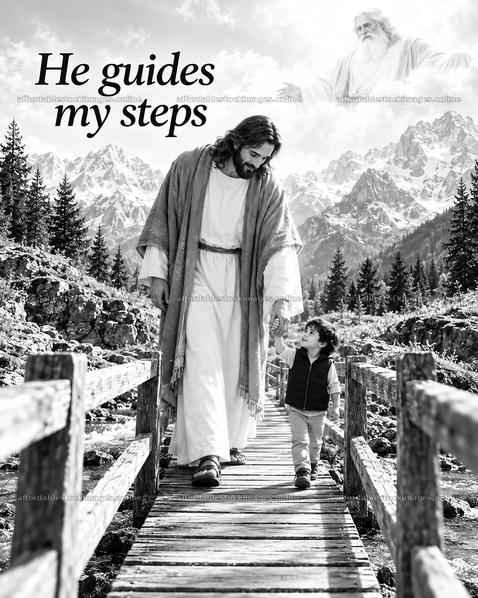 Jesus Christ guiding a child along a mountain path – stock images 6930x8659