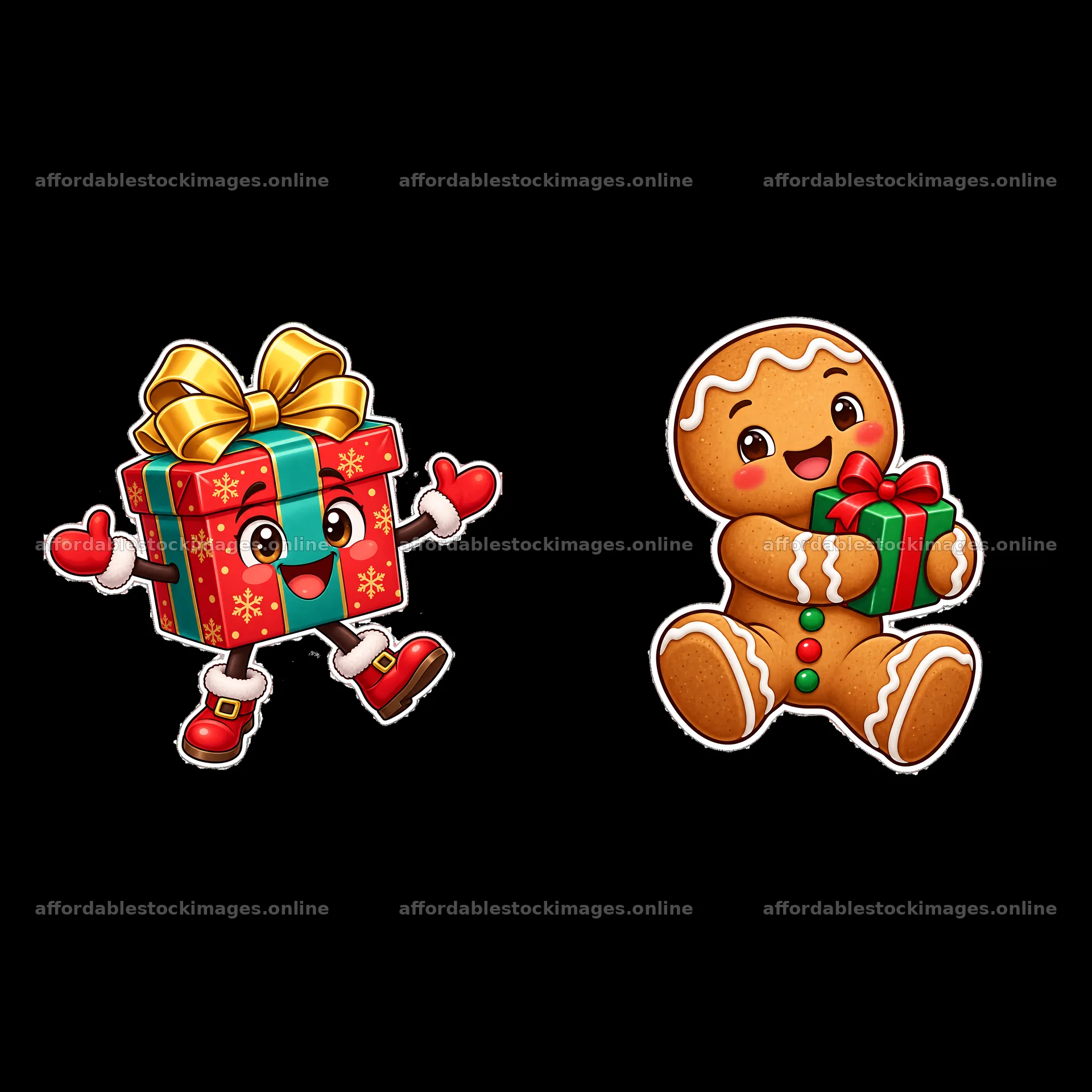 Happy gift and gingerbread character celebrating Christmas – stock images 7746x7746