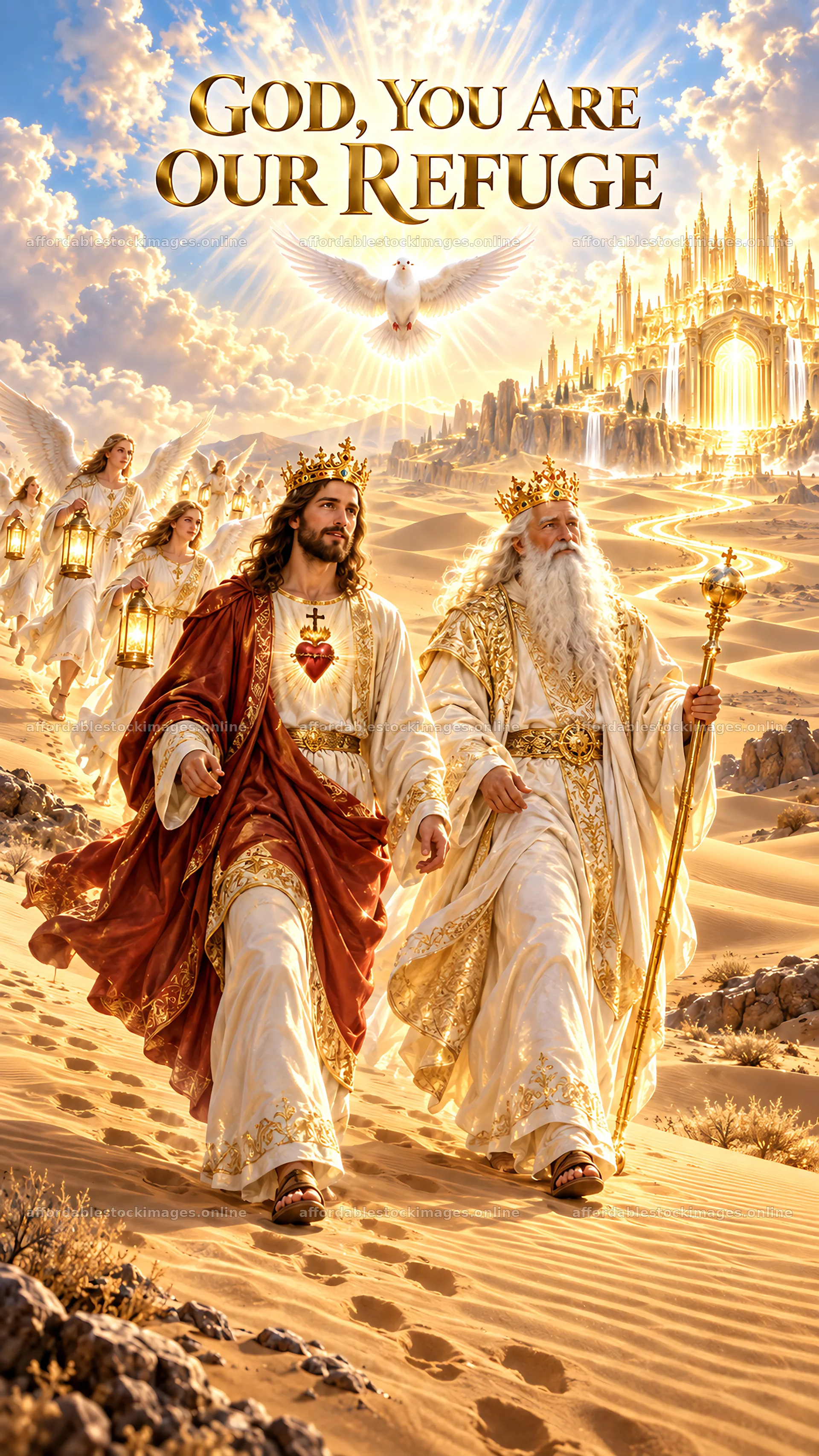 Jesus Christ walking with God in a desert landscape – stock images 5811x10326