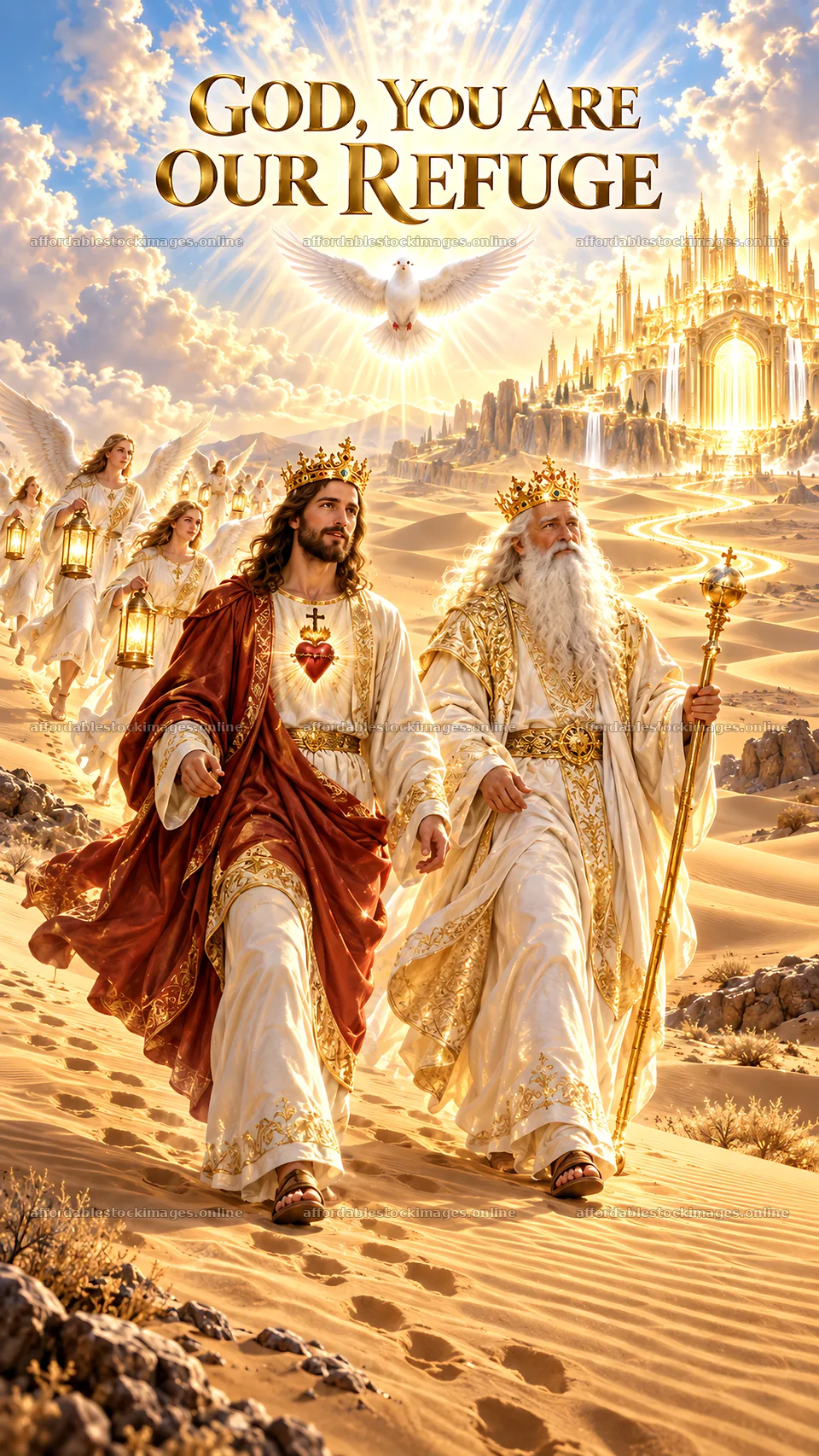 Jesus Christ walking with God in a desert landscape – stock images 5811x10326
