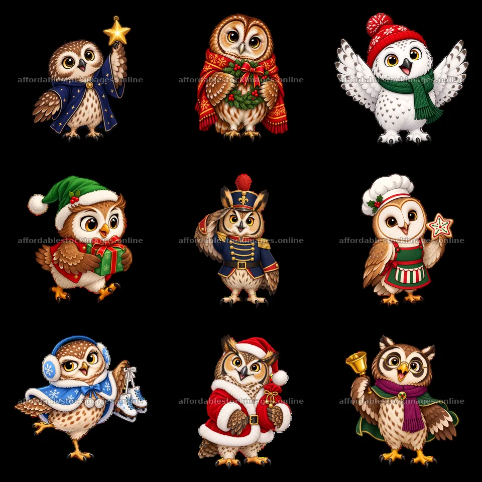 Christmas themed owls in festive outfits and accessories – stock images 7746x7746