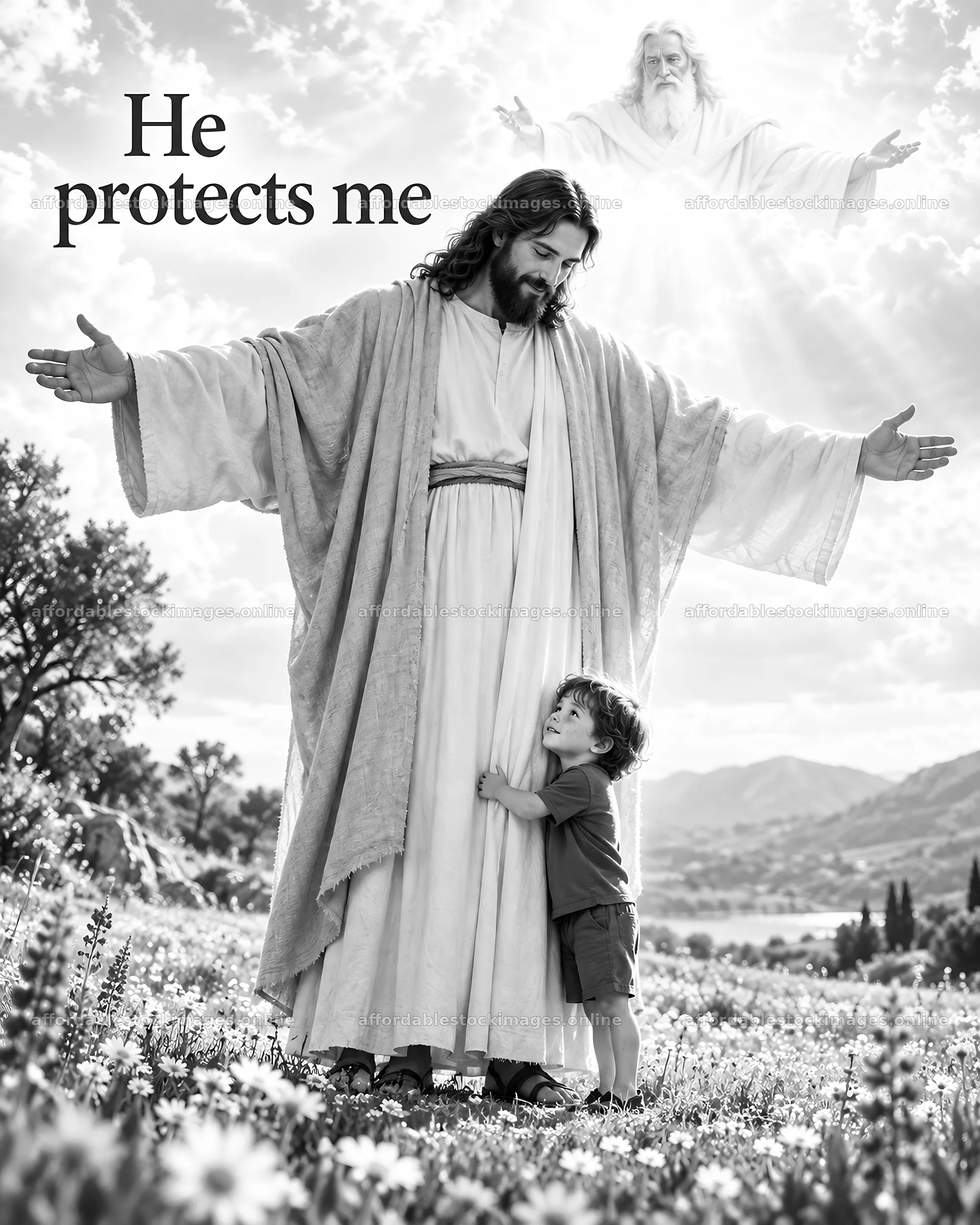 Jesus Christ comforts a child in a landscape of flowers – stock images 6930x8659