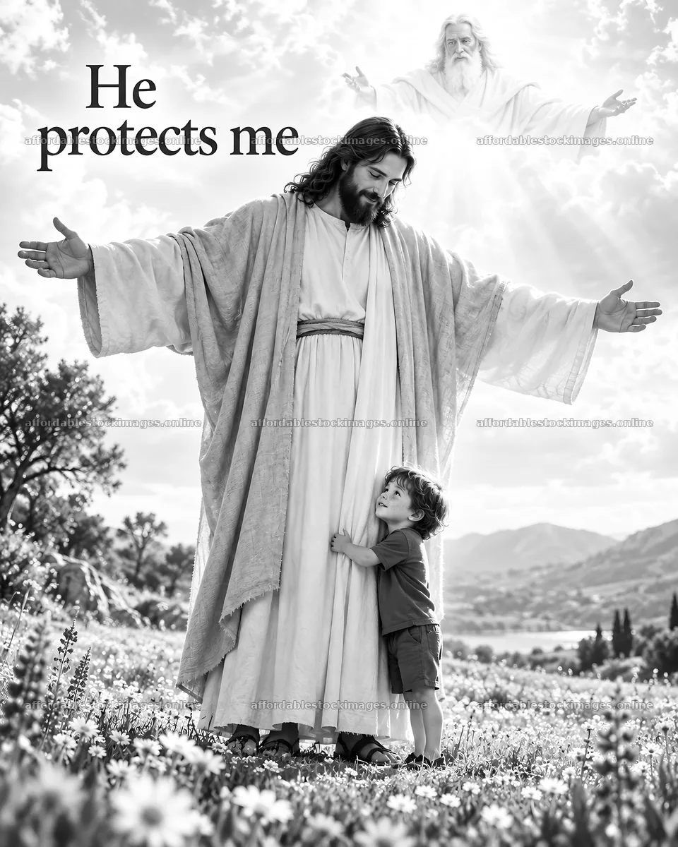 Jesus Christ comforts a child in a landscape of flowers – stock images 6930x8659