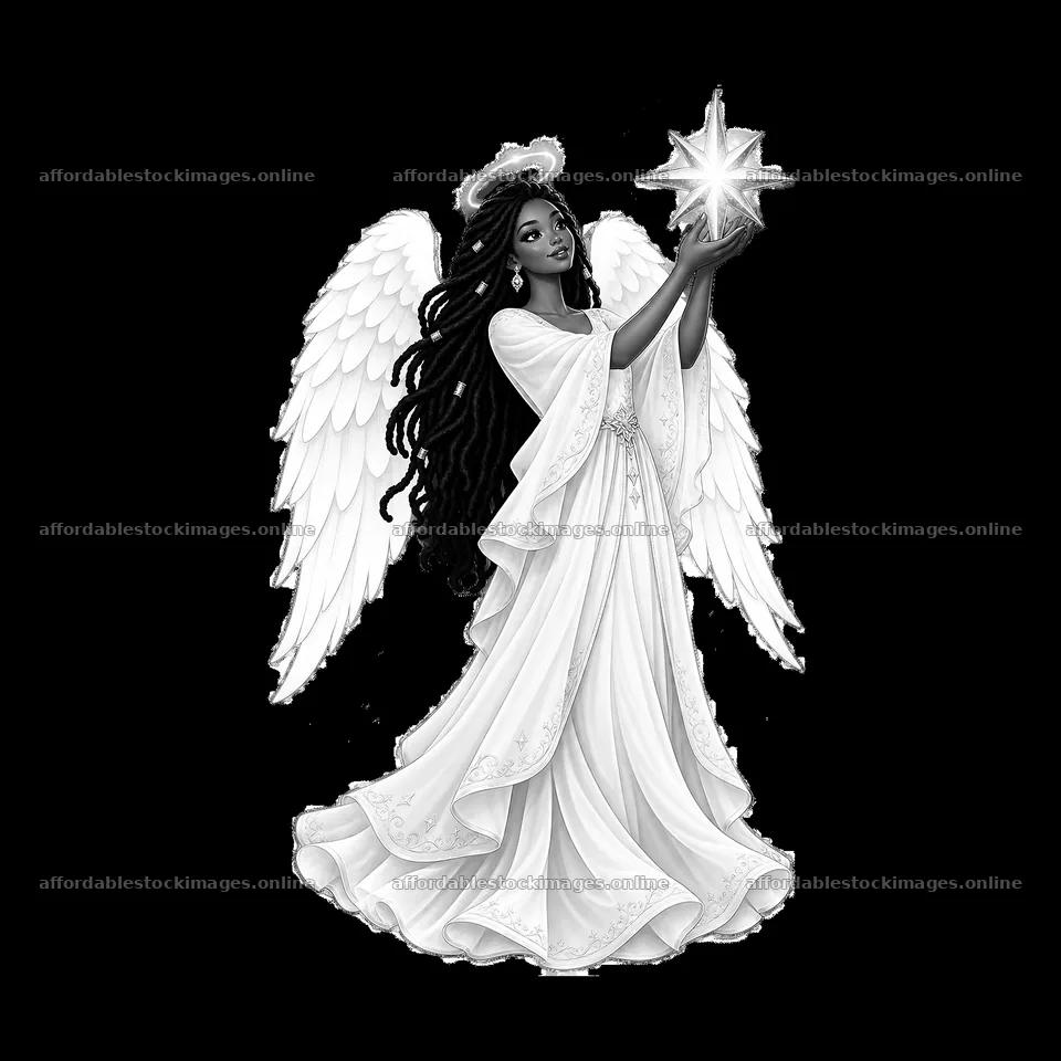 Christmas angel holding a star with long hair and white wings – stock images 7746x7746