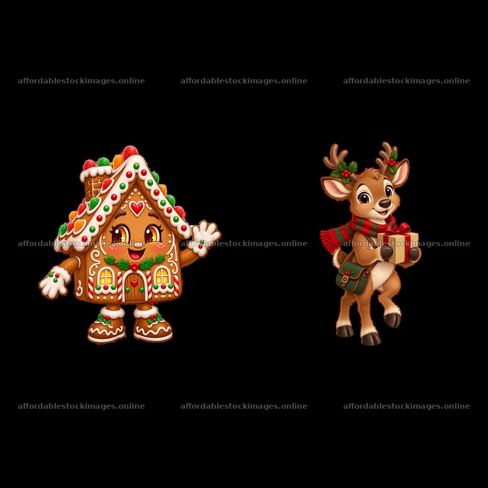 Gingerbread house and reindeer with gift sticker pair – stock images 7746x7746
