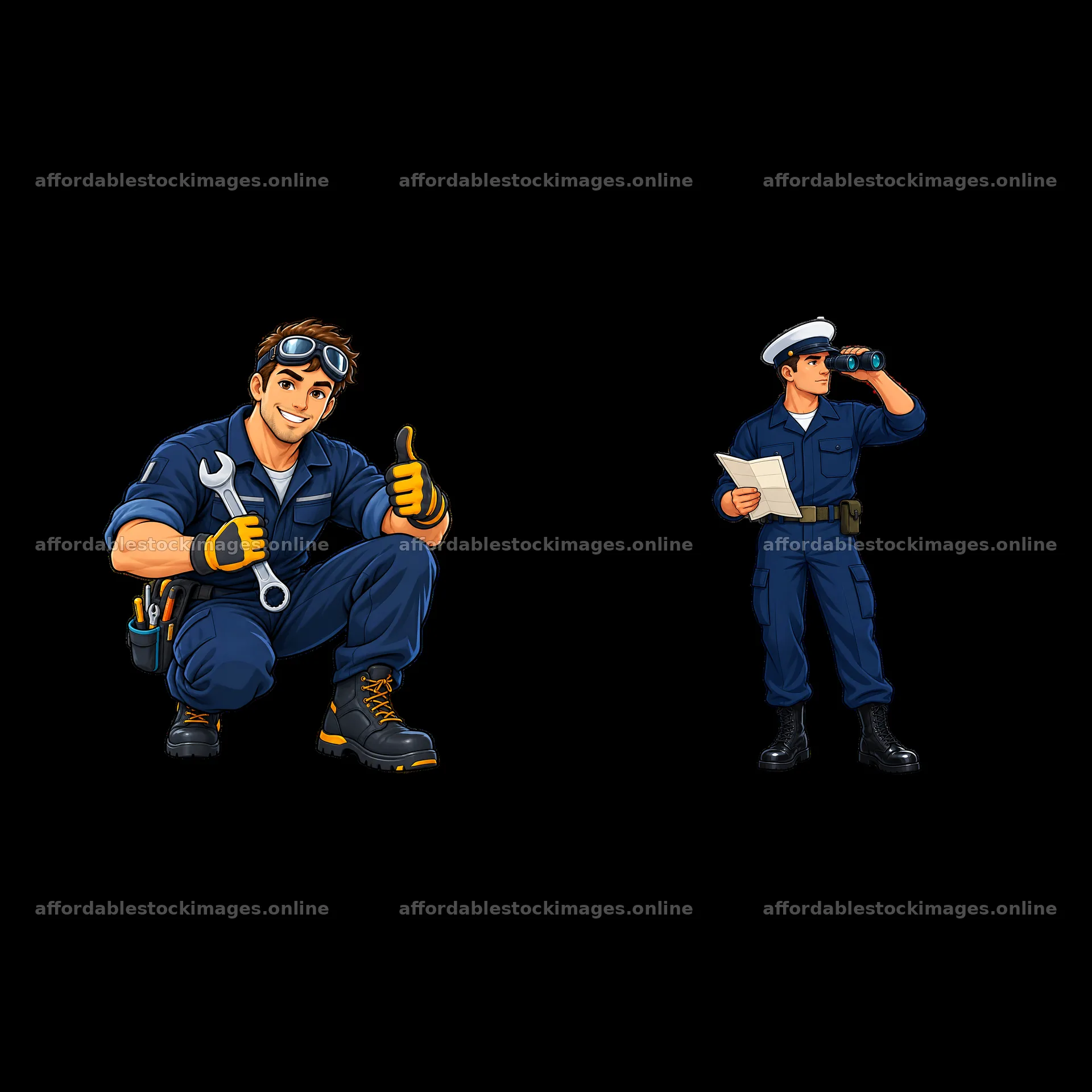 Cartoon characters in navy uniforms on an aircraft carrier – stock images 7746x7746