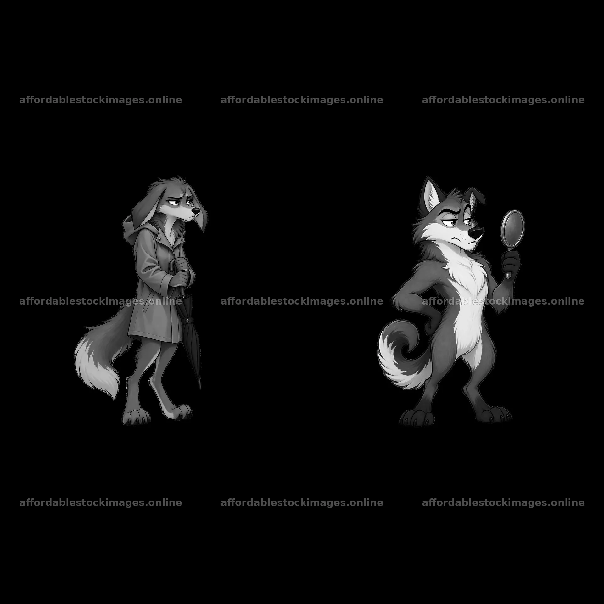 Grumpy wolf characters with umbrella and magnifying glass – stock images 7746x7746