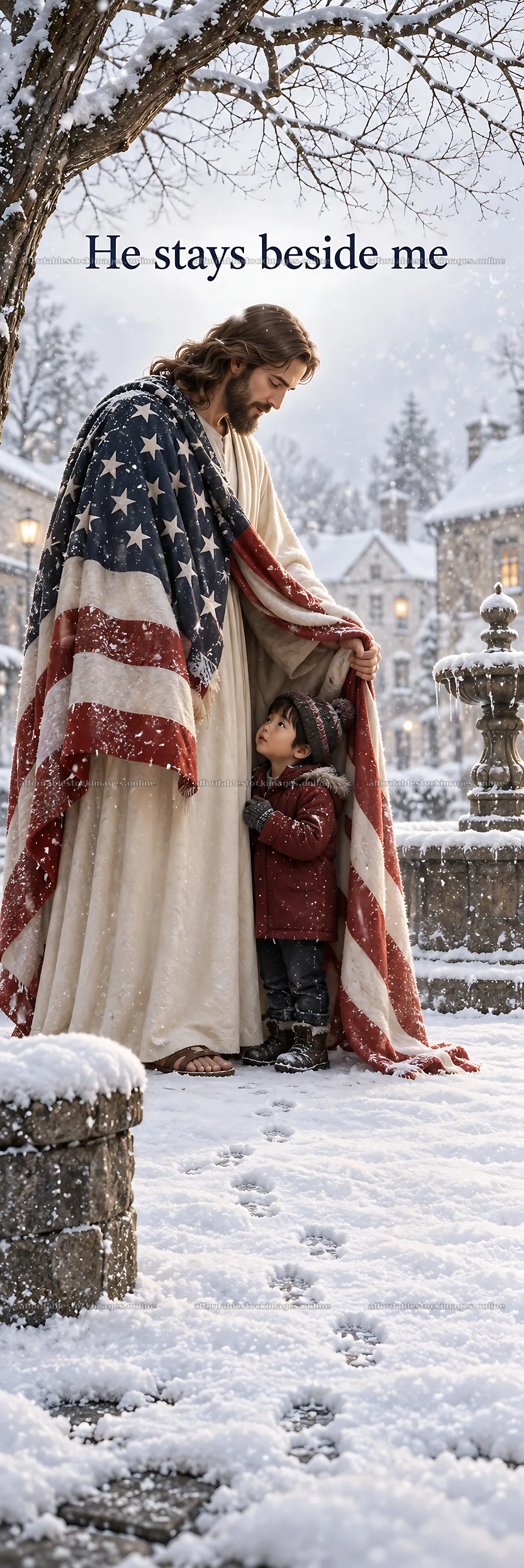 Jesus Christ comforting a child in the snow – stock images 4478x13401