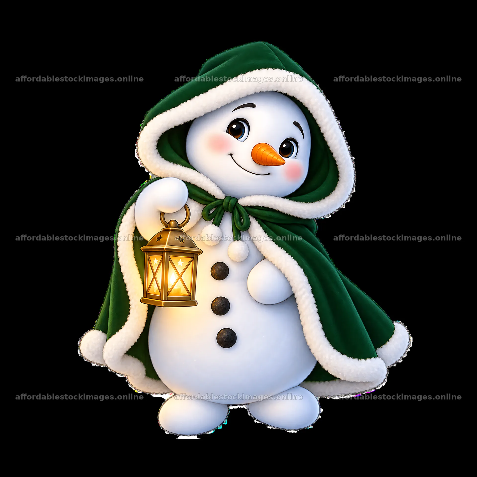 Snowman in a green cloak holding a lantern for Christmas – stock images 7746x7746