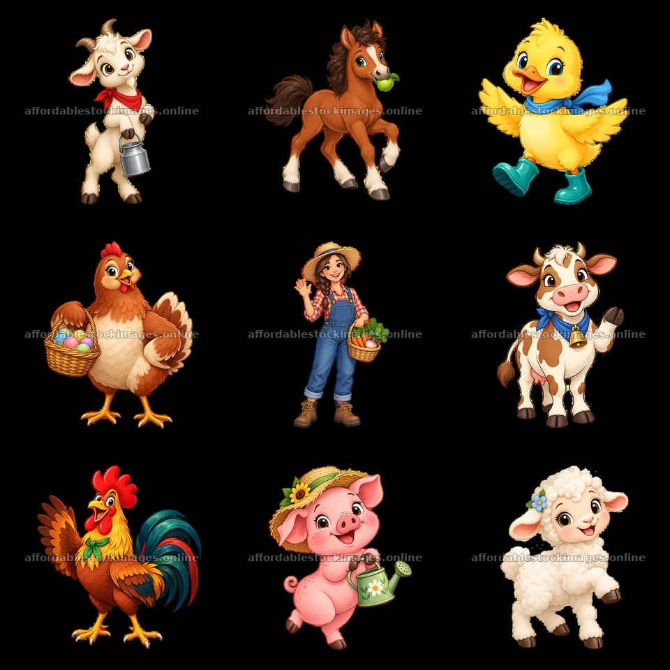 Farm animals and farmer with produce in a colorful arrangement – stock images 7746x7746