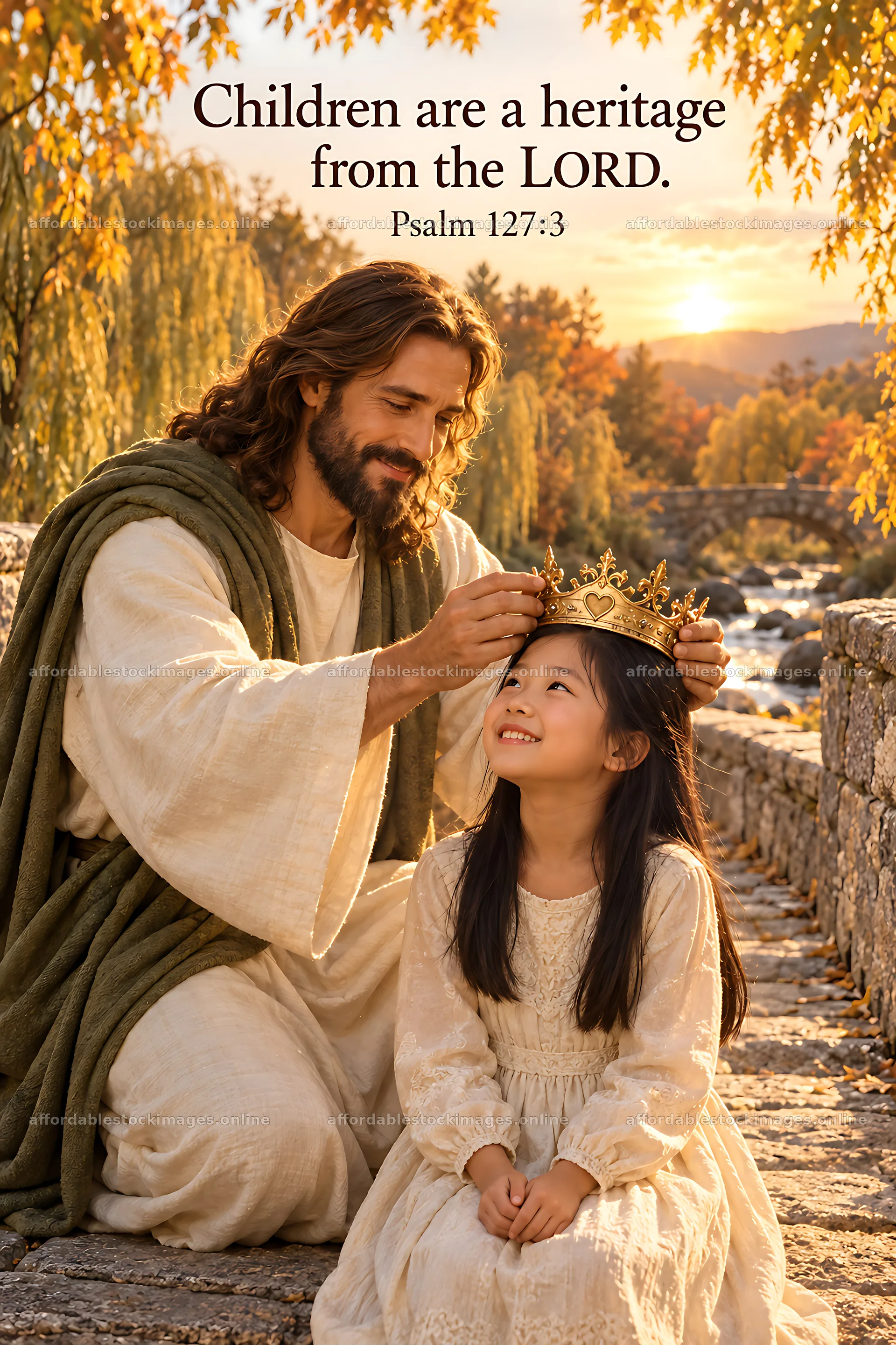 Child receives crown on the Bridge of Kindness during autumn – stock images 6480x9722