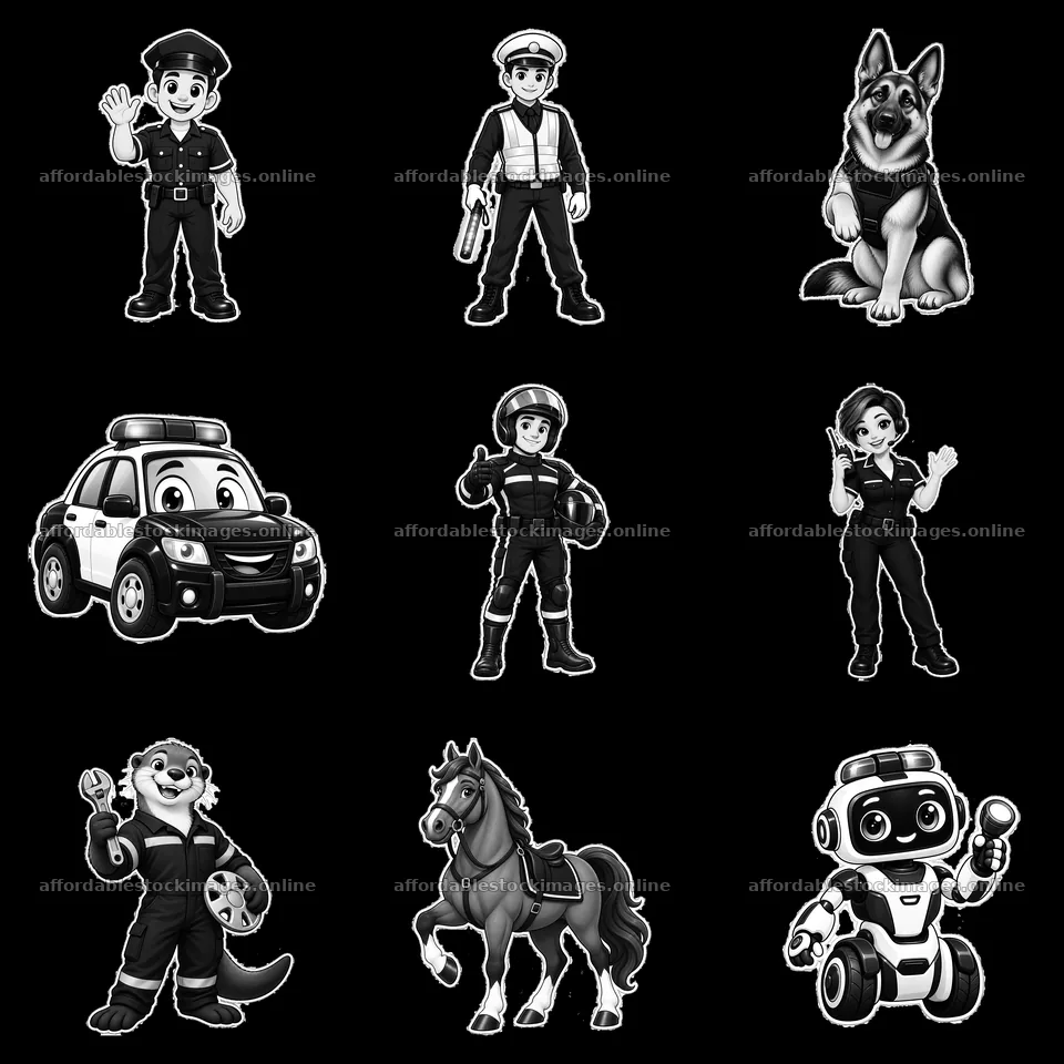 Police characters and vehicles in a monochrome grid format – stock images 7746x7746