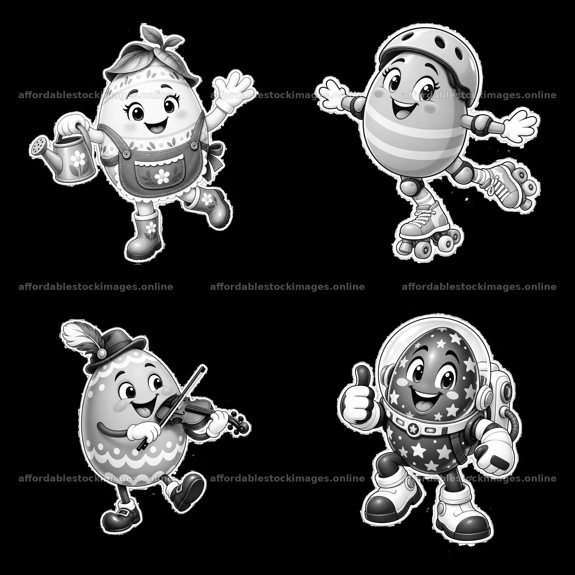 Monochrome four cartoon figure stickers in a square arrangement – stock images 7746x7746