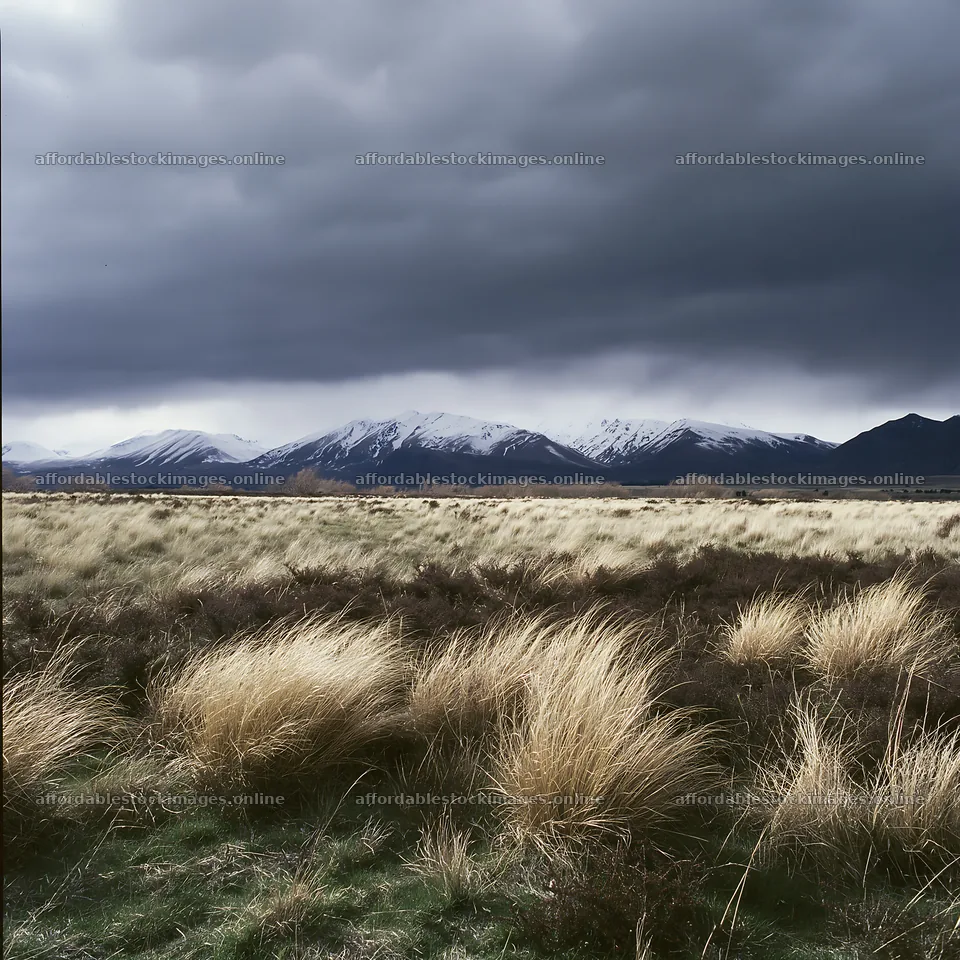 Lake Tekapo meadow with snowy alps in cloudy weather – stock images 7938x7938