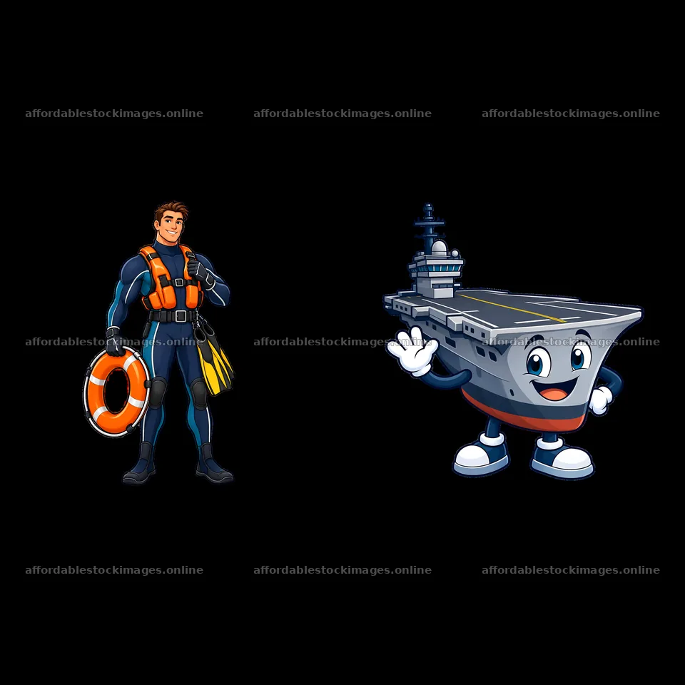 Cartoon diver with life buoy and friendly aircraft carrier – stock images 7746x7746