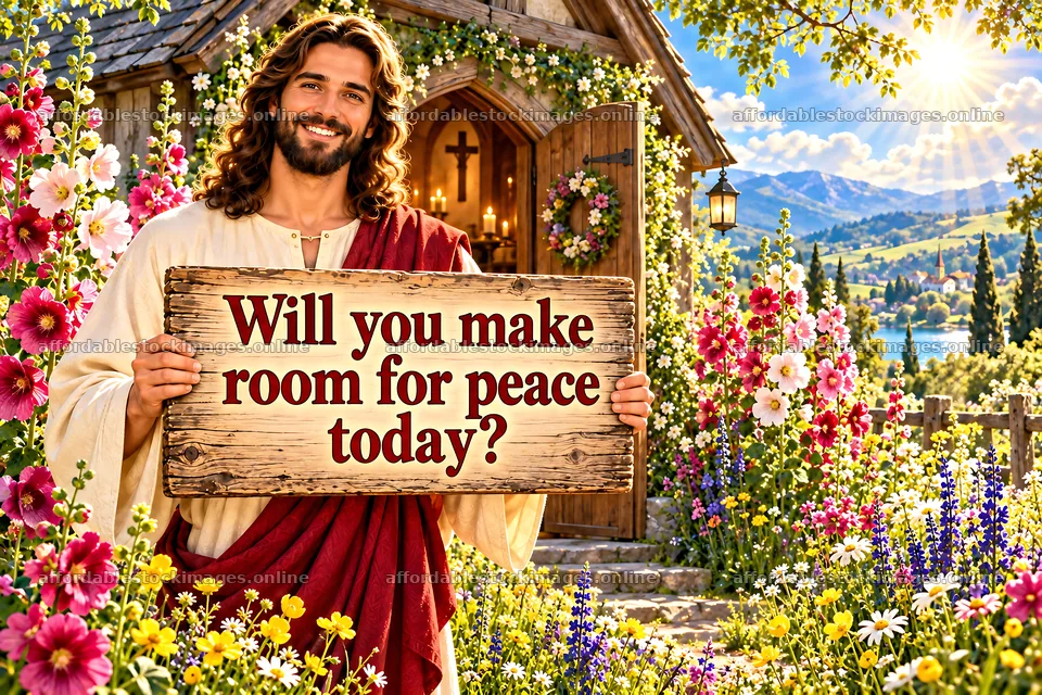 Jesus Christ inviting viewers to make room for peace today – stock images 9487x6325