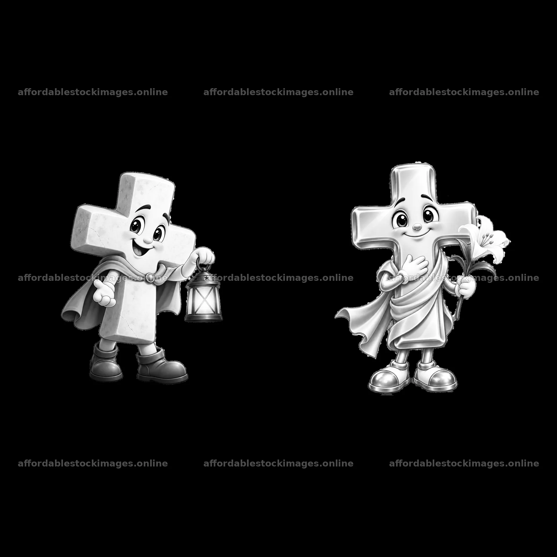 Easter cross characters with lantern and torch in monochrome – stock images 7746x7746