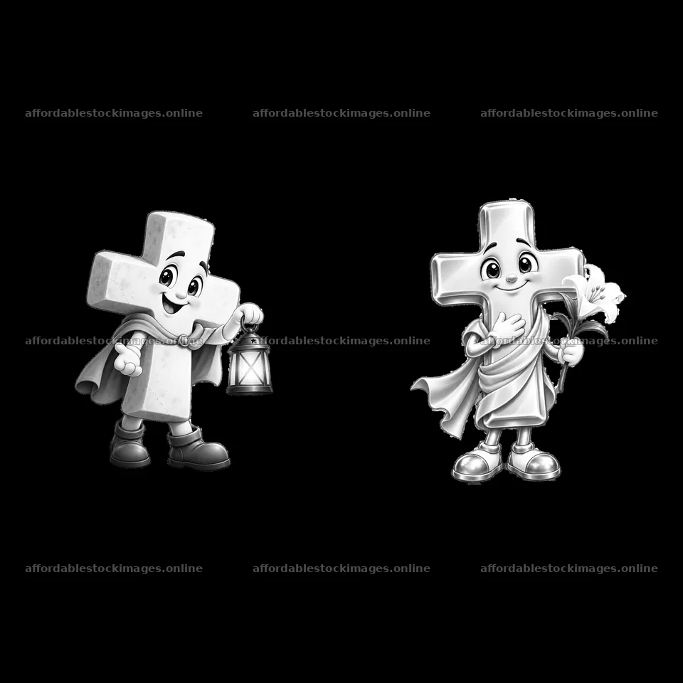 Easter cross characters with lantern and torch in monochrome – stock images 7746x7746
