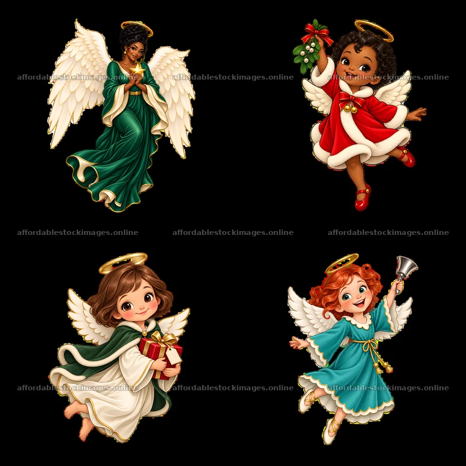Christmas angel sticker set with four unique characters – stock images 7746x7746