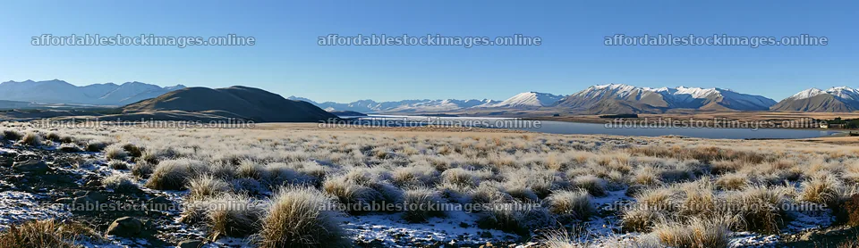 Lakeside meadow after first snowfall in winter landscape – stock images 14762x4268