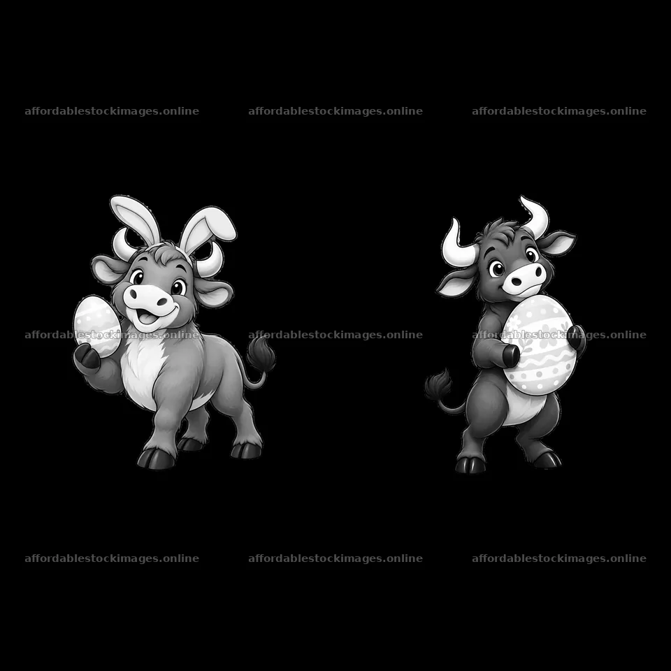 Easter ox characters holding decorated eggs in playful poses – stock images 7746x7746