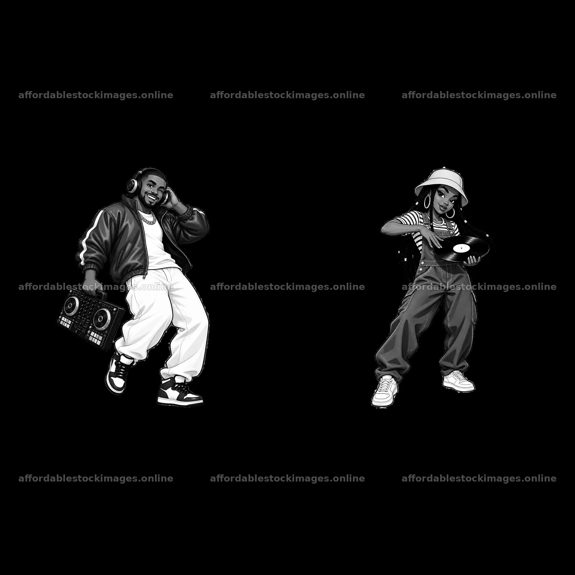 Hip-hop artists dancing with a record player and boombox – stock images 7746x7746
