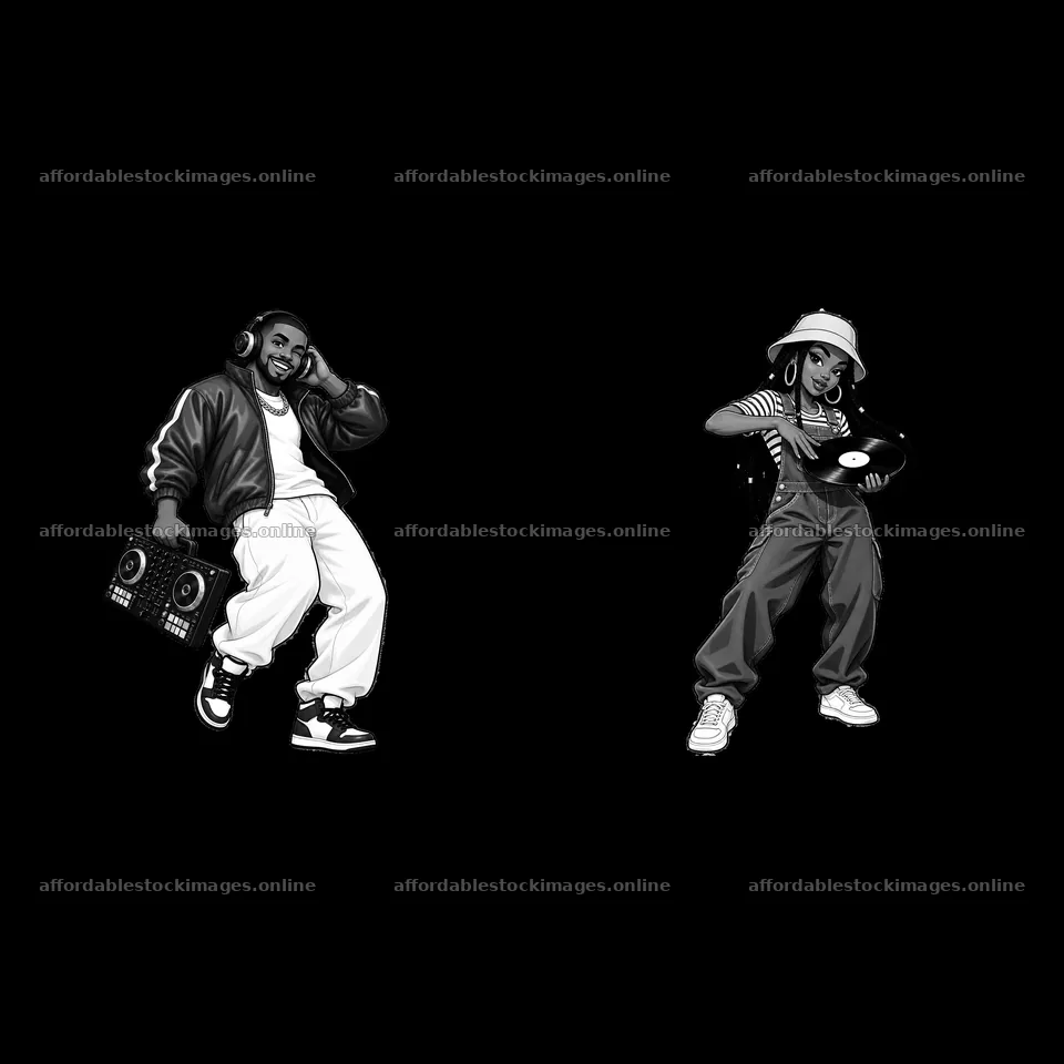 Hip-hop artists dancing with a record player and boombox – stock images 7746x7746