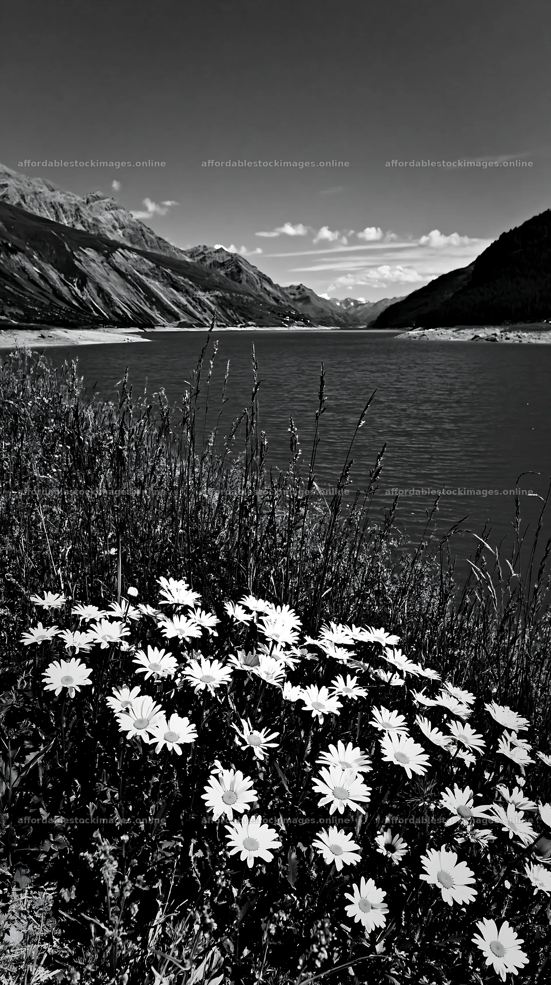 Swiss meadow beside alpine lake with blooming flowers – stock images 5938x10608