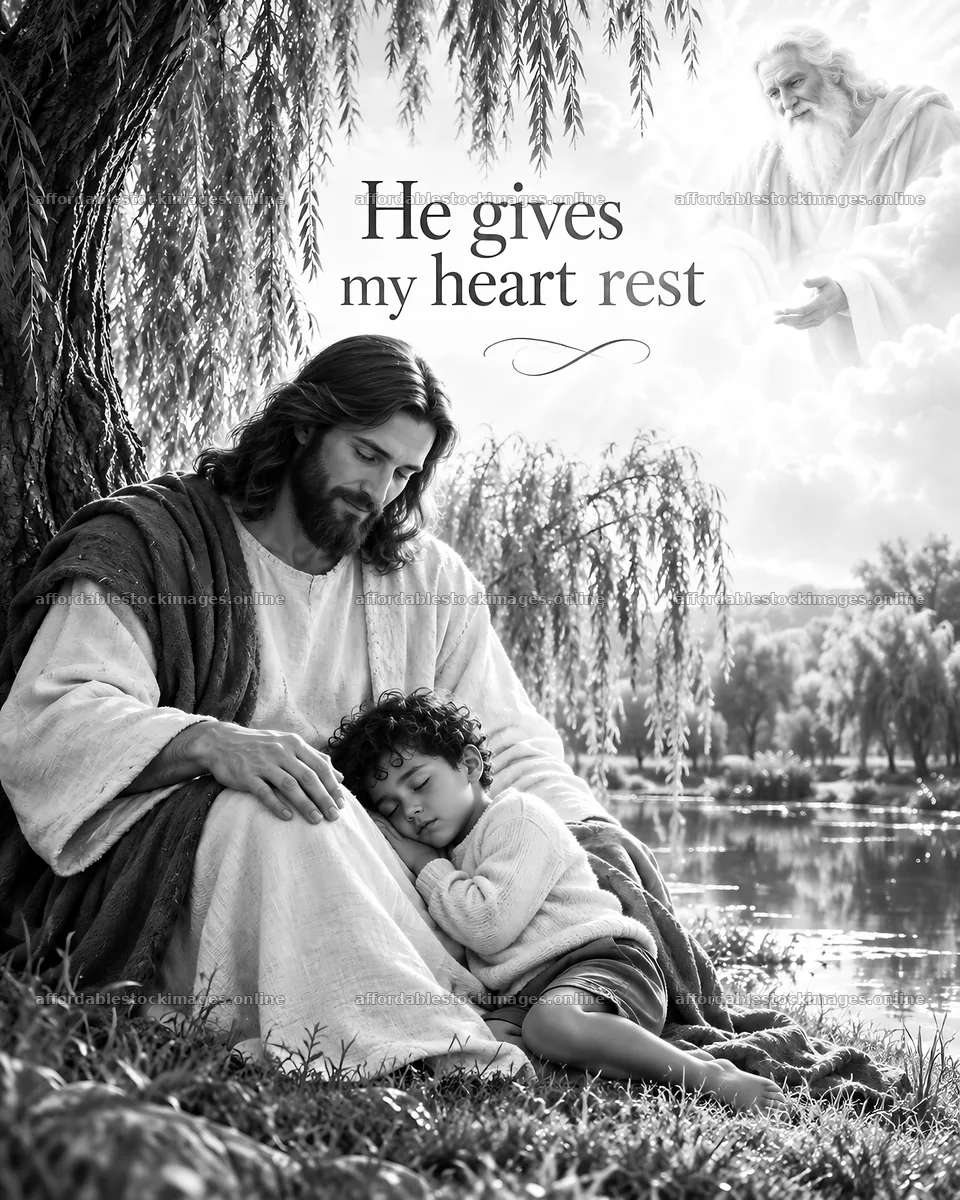 Jesus Christ comforts a child by the river – stock images 6930x8659