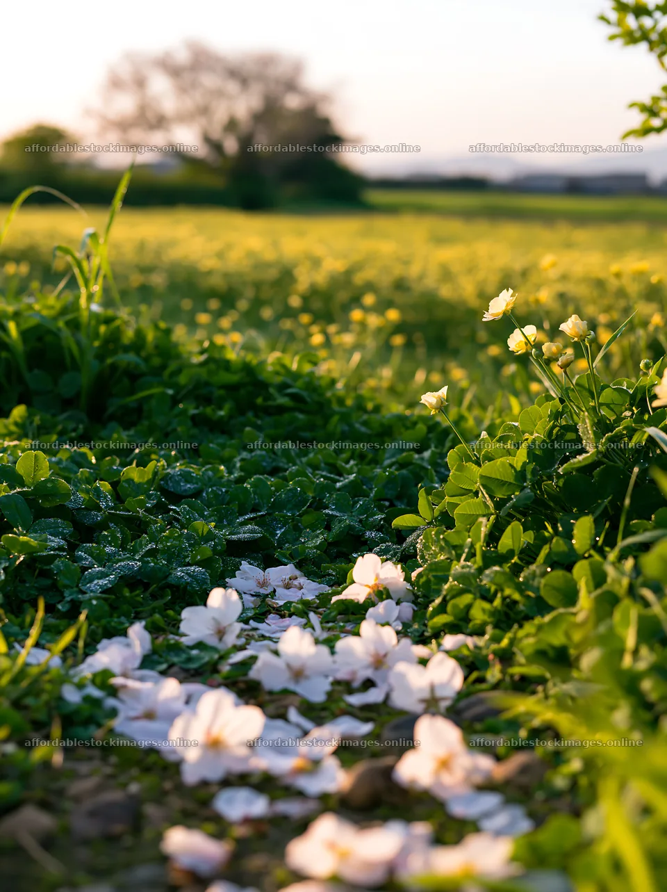 Fukuoka spring meadow with fallen blossoms in foreground – stock images 6866x9174