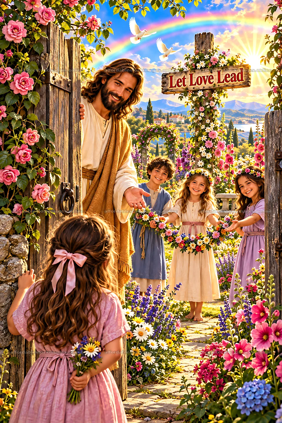 People at a garden gate with flowers and a lead sign – stock images 6480x9722